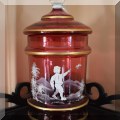 G04. Vintage Mary Gregory cranberry glass biscuit jar. 